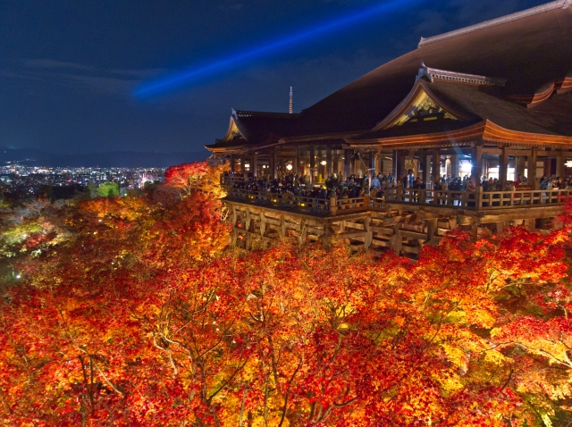 Kiyomizu-dera Main Hall illuminated during a special night viewing, with the stage glowing against the dark hillside.
