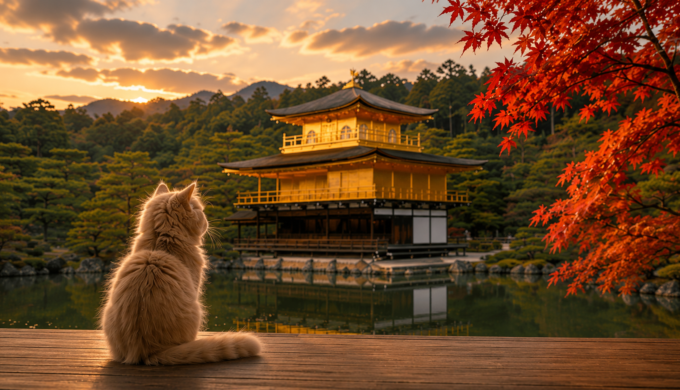 Golden Pavilion of Kinkaku-ji in Kyoto reflected on a calm pond at sunset, with red autumn leaves and a fluffy cream-colored kitten quietly watching the temple scenery