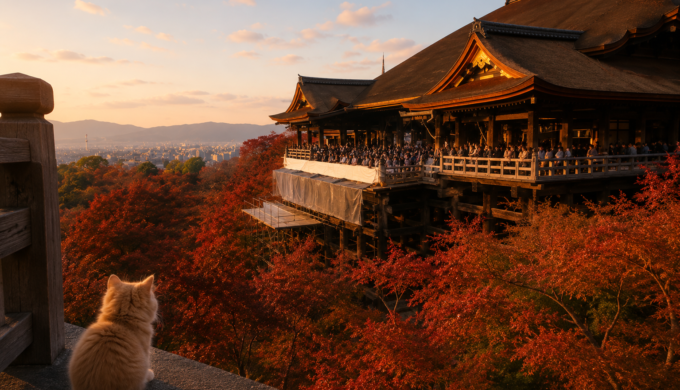 Fluffy kitten quietly watching the autumn view of Kiyomizu-dera Temple in Kyoto at sunset, surrounded by vibrant red maple leaves and warm evening light