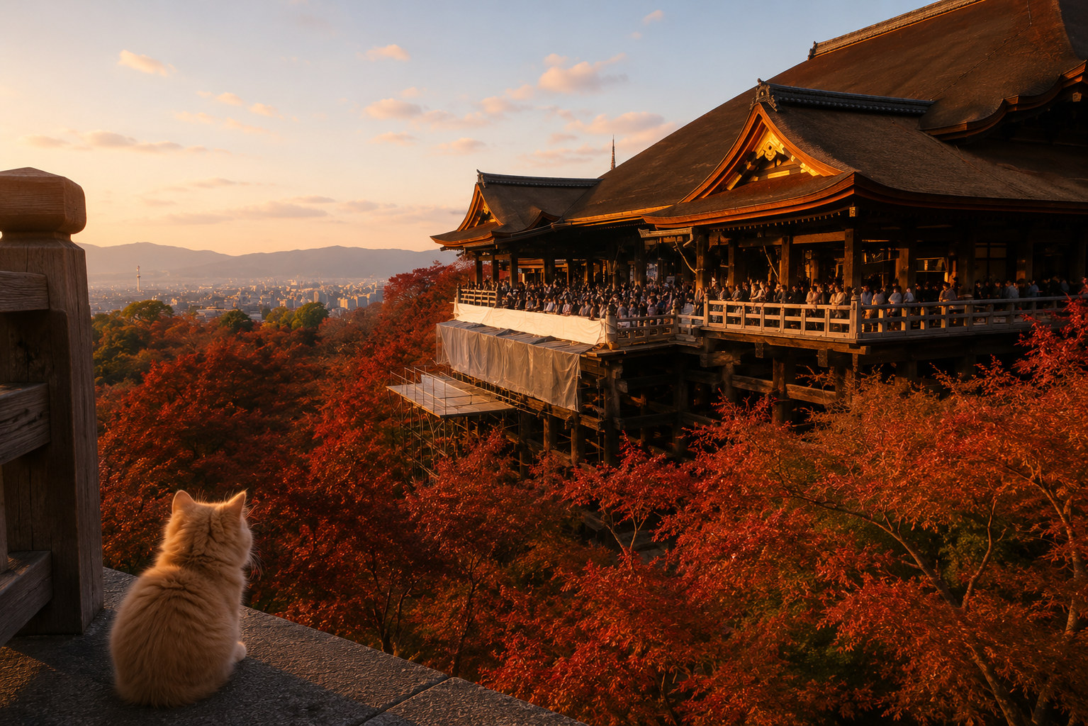 Fluffy kitten quietly watching the autumn view of Kiyomizu-dera Temple in Kyoto at sunset, surrounded by vibrant red maple leaves and warm evening light