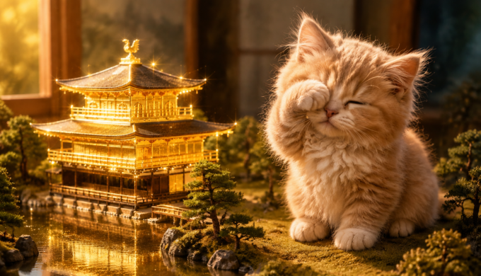 alt="Golden Kinkaku-ji diorama sparkling beside a fluffy kitten shielding its eyes"