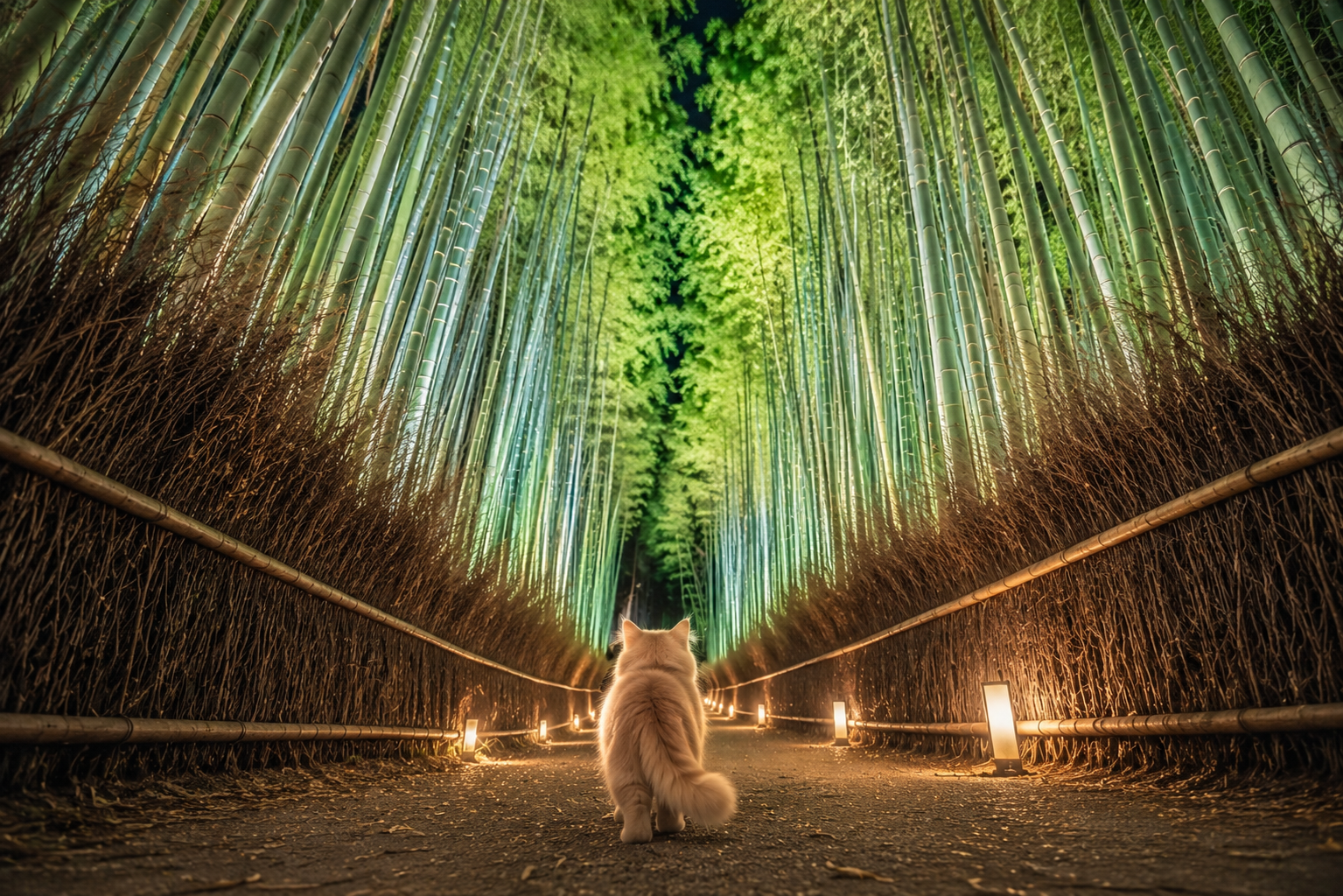 A fluffy cat walking through the illuminated Arashiyama Bamboo Grove at night in Kyoto surrounded by tall glowing bamboo trees