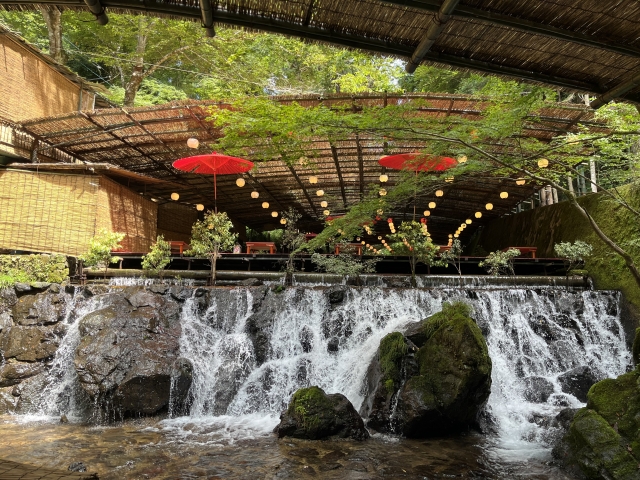 Kibune River flowing beside the mountain path in Kyoto