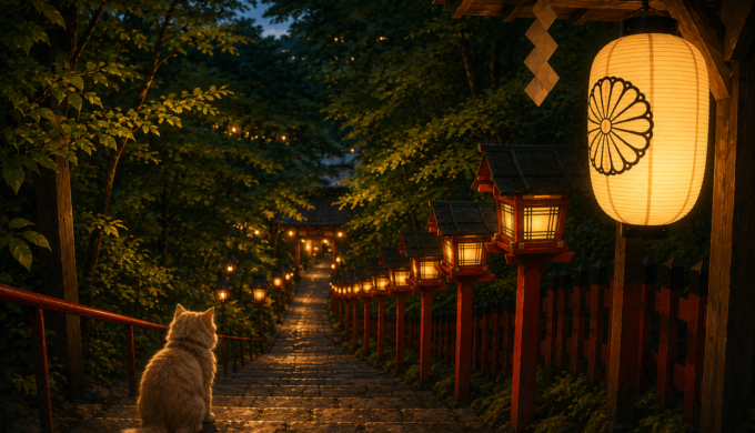 Night view of Kifune Shrine in Kyoto with glowing lanterns and a fluffy orange kitten sitting quietly on the stone steps surrounded by forest scenery 🌙🐾