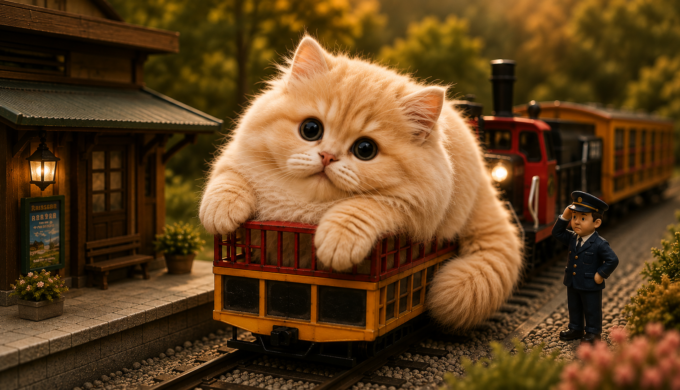 Giant fluffy kitten sitting on a miniature trolley train diorama