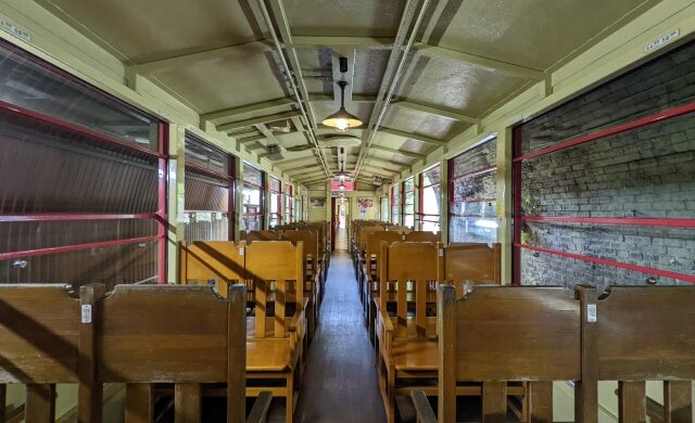 Retro wooden interior of the Sagano Romantic Train