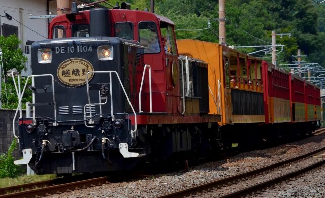 Red diesel locomotive of the Sagano Romantic Train in Kyoto