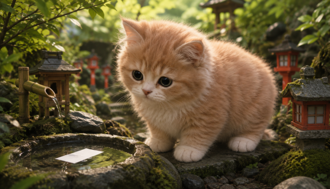 Fluffy kitten looking into a water fortune slip basin in a miniature Kifune Shrine diorama