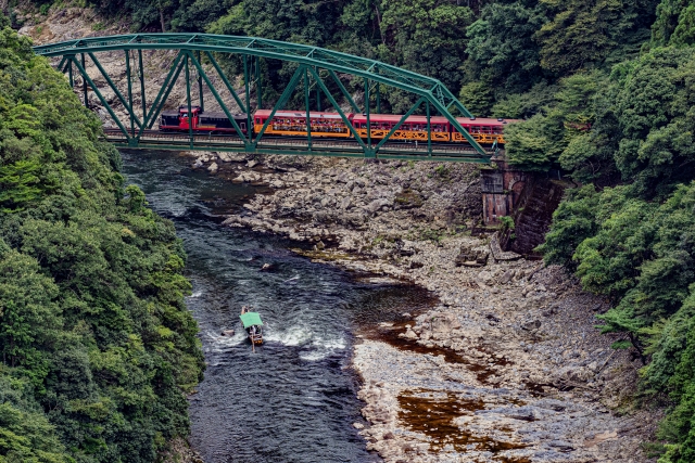 Sagano Romantic Train above Hozu Gorge in Kyoto