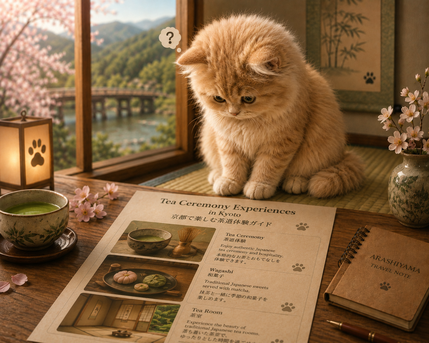 Fluffy cat looking at a Kyoto tea ceremony guide with matcha, wagashi, and a traditional tea room in a Japanese tatami room overlooking Arashiyama.