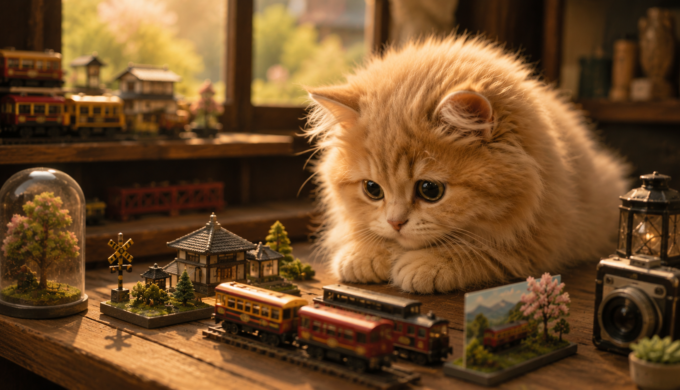 Fluffy cream-and-ginger kitten curiously looking at miniature Sagano Romantic Train diorama souvenirs on a wooden display table