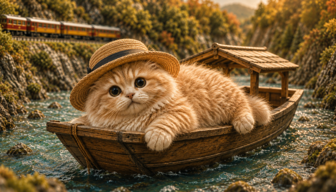 Fluffy kitten wearing a straw hat relaxing in a small wooden boat on the Hozugawa River miniature diorama with the Sagano Scenic Railway in the background