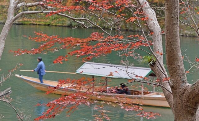 Traditional wooden boat used for the Hozugawa River Boat Ride in Kyoto