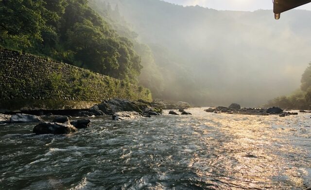 View from a boat on the Hozugawa River Boat Ride in Kyoto