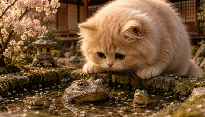 Fluffy kitten curiously watching frog statues in a miniature diorama inspired by Tenryu-ji Temple in Kyoto