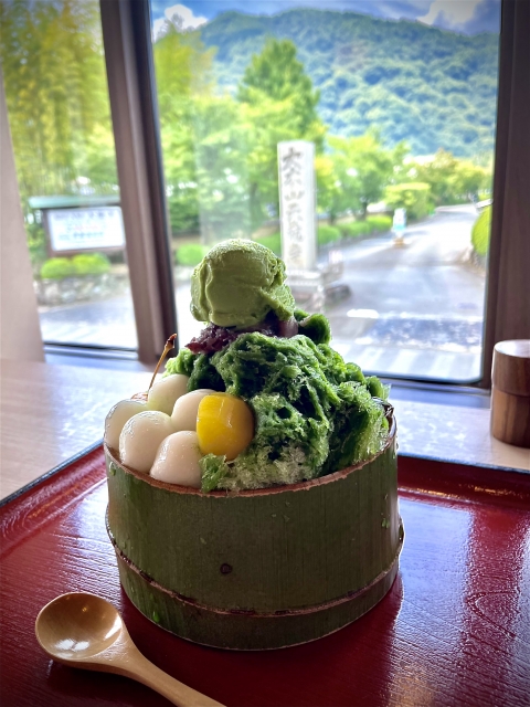 Bamboo cup parfait at Arashiyama Sakura Mochi Ino Kyoto