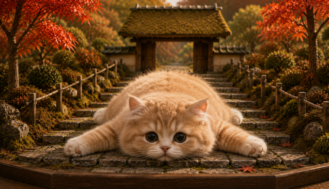 Fluffy kitten lying across a miniature mossy stone stairway at Jojakko-ji Temple in Arashiyama, Kyoto