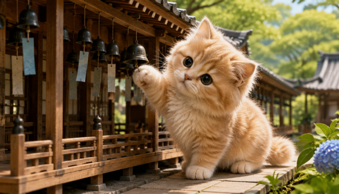 Giant fluffy Chacha kitten gently ringing miniature wind chimes in a summer temple corridor diorama