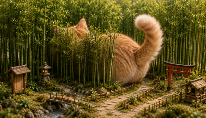 Miniature Arashiyama Bamboo Grove diorama with a fluffy kitten hiding among the bamboo