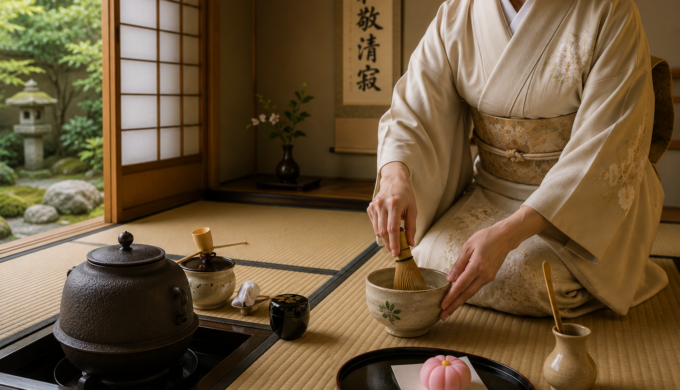 Traditional Japanese tea ceremony in Kyoto with a kimono-clad host preparing matcha in a peaceful tea room.