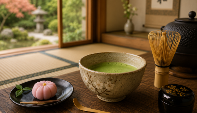 Traditional Japanese tea room with matcha, wagashi, bamboo whisk, and tea ceremony utensils in Kyoto.