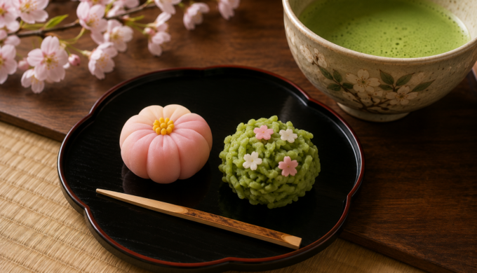 Traditional Japanese wagashi sweets served with matcha during a tea ceremony in Kyoto.