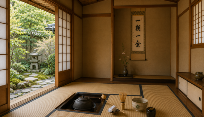 Traditional Japanese tea room with tatami mats, tea ceremony utensils, and a peaceful garden in Kyoto.
