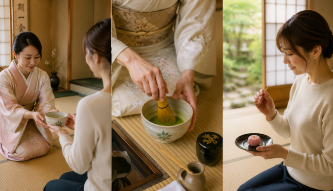 Steps of a traditional Japanese tea ceremony in Kyoto, including receiving matcha, whisking tea, and enjoying seasonal wagashi.