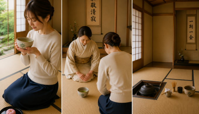 Basic tea ceremony etiquette in Kyoto, including holding the tea bowl with both hands, bowing respectfully, and enjoying the peaceful tea room.