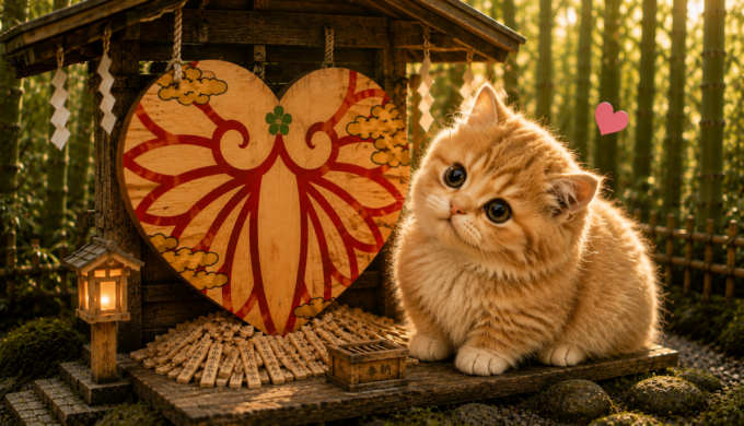 Fluffy kitten beside a miniature heart-shaped ema inspired by Nonomiya Shrine in Kyoto