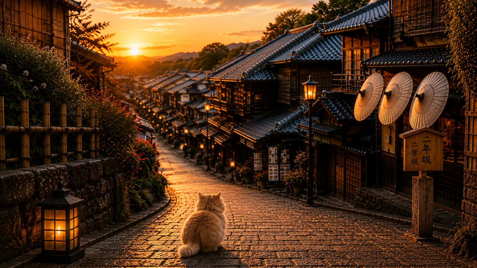 Fluffy kitten overlooking Kyoto's historic Ninenzaka Street at sunset