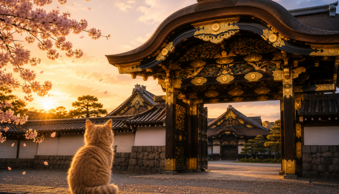 Cute kitten sitting with its back to the camera, looking up at the ornate Karamon Gate of Nijō Castle in Kyoto, Japan