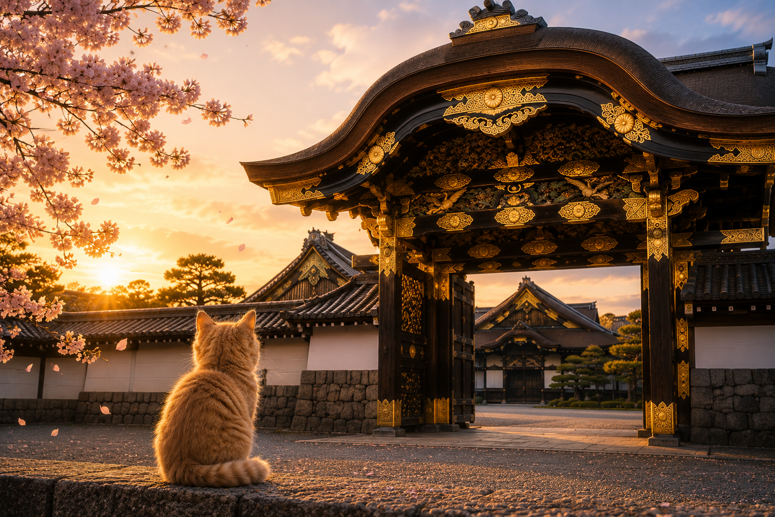 Cute kitten sitting with its back to the camera, looking up at the ornate Karamon Gate of Nijō Castle in Kyoto, Japan