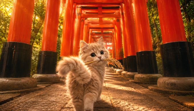 Fluffy kitten carrying a stalk of rice walking through the Senbon Torii at Fushimi Inari Taisha in Kyoto
