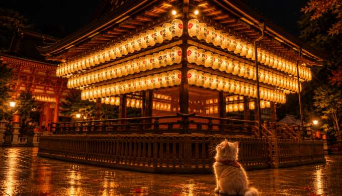 Cat gazing at the illuminated Dance Stage of Yasaka Shrine in Kyoto at night