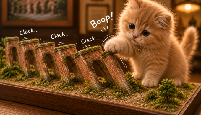 Fluffy kitten playfully tipping over a miniature Suirokaku Aqueduct diorama in Kyoto