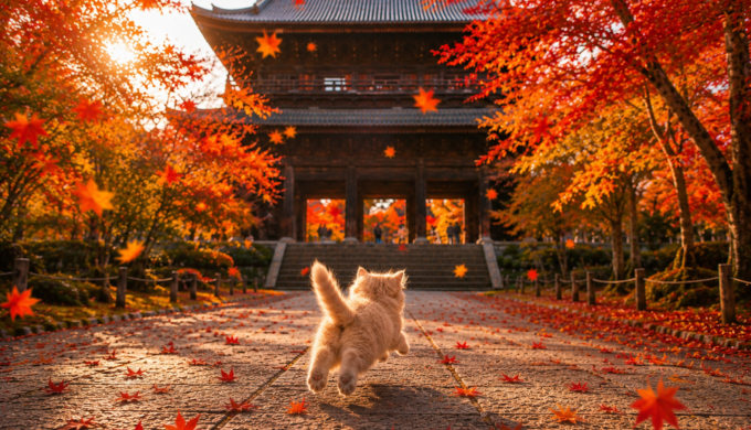 Fluffy kitten hopping toward the Sanmon Gate of Nanzen-ji Temple surrounded by autumn maple leaves in Kyoto