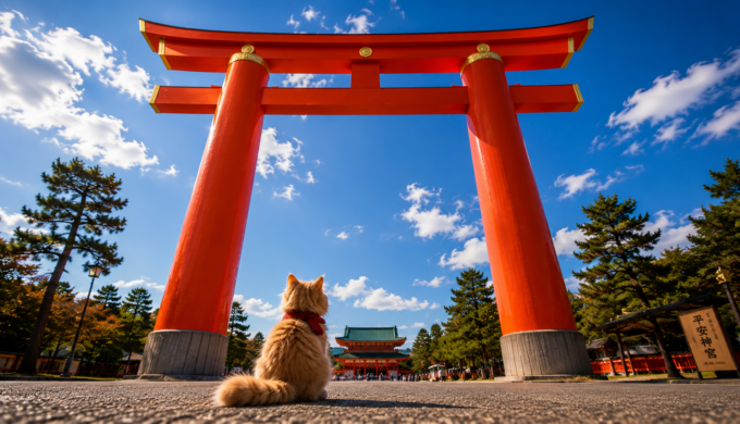 Fluffy cat looking up at the giant torii gate of Heian Shrine in Kyoto, Japan