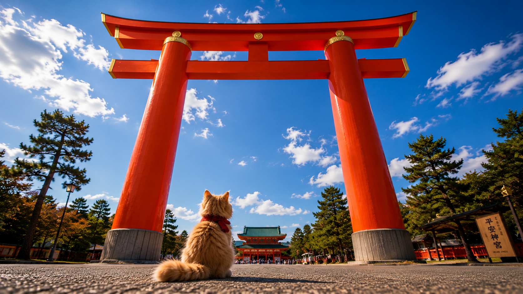 Fluffy cat looking up at the giant torii gate of Heian Shrine in Kyoto, Japan