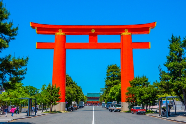 Giant vermilion torii gate at Heian Shrine in Kyoto, Japan