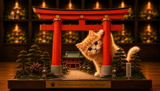 Miniature Great Torii Gate with fluffy cat Chacha playing hide-and-seek at Heian Shrine, Kyoto