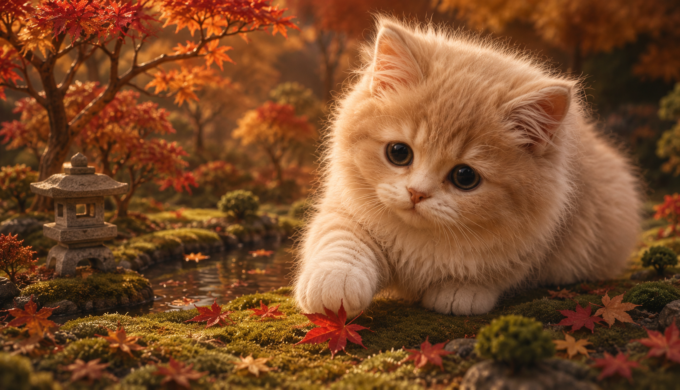 Giant fluffy kitten gently touching a red maple leaf in a miniature moss garden inspired by autumn at Eikando Temple in Kyoto