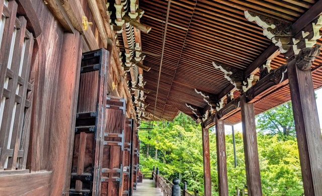 Wooden veranda and traditional architecture at Eikando Temple in Kyoto