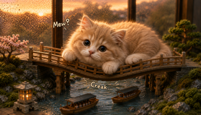 Fluffy kitten resting on a miniature wooden bridge inspired by Togetsukyo Bridge