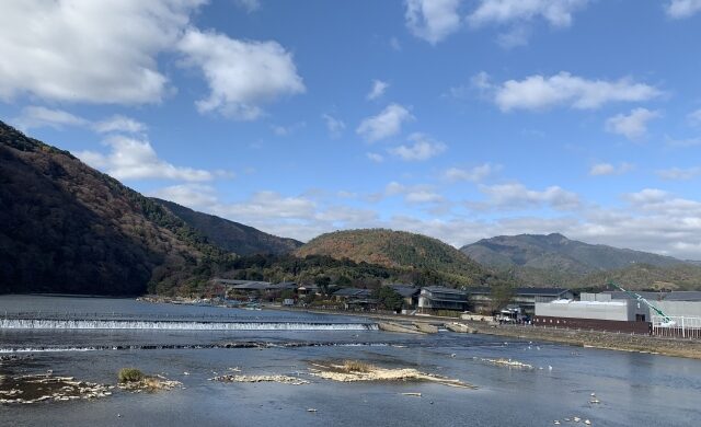 Upstream view of the Katsura River from Togetsukyo Bridge in Kyoto
