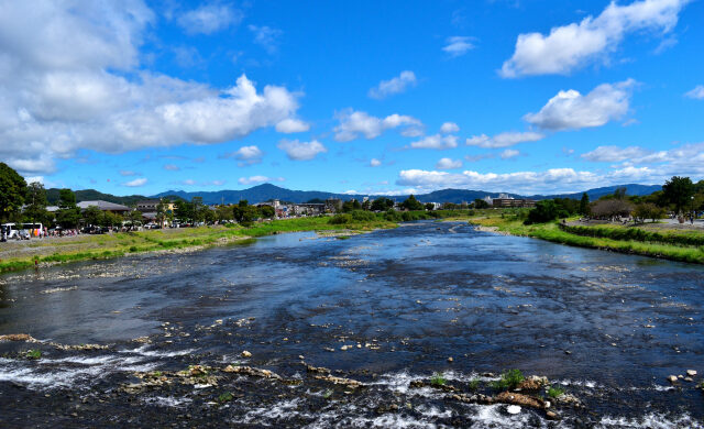 Downstream view of the Katsura River from Togetsukyo Bridge in Kyoto
