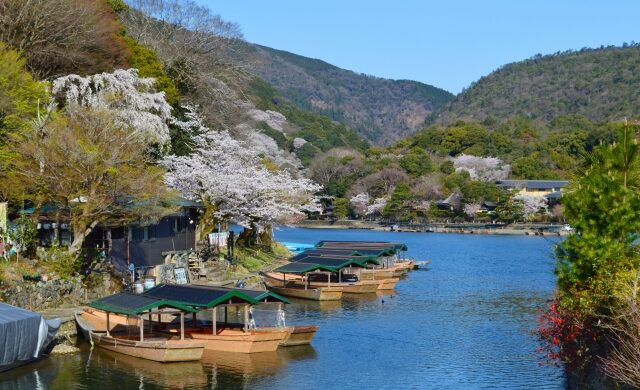 Traditional river boats on the Katsura River in Arashiyama, Kyoto